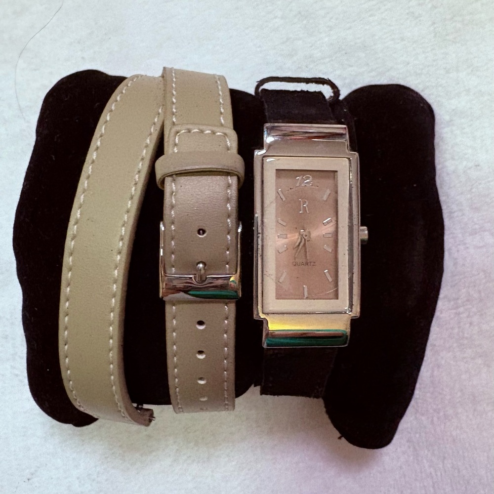 Women’s Beige and Black Leather Strap Watch